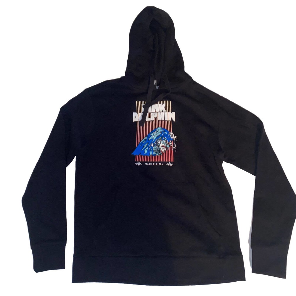 Pink Dolphin Graphic Logo Waves Pullover Hoodie Sweatshirt Men Size Medium Black